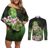 New Zealand Aotearoa Kakapo Couples Matching Off Shoulder Short Dress and Long Sleeve Button Shirt Maori Pattern With Manuka Galaxy Style LT05 Green - Polynesian Pride