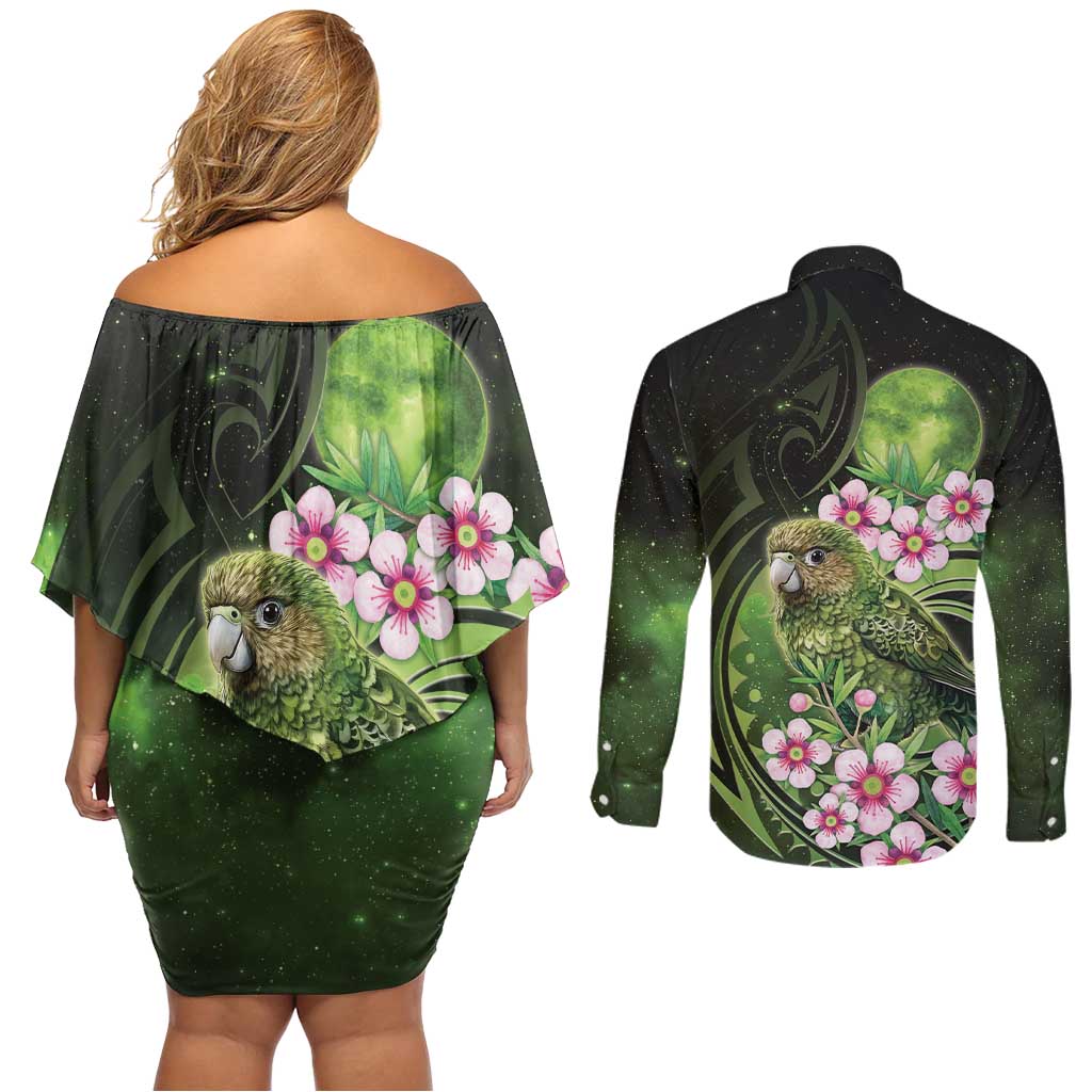 New Zealand Aotearoa Kakapo Couples Matching Off Shoulder Short Dress and Long Sleeve Button Shirt Maori Pattern With Manuka Galaxy Style LT05 - Polynesian Pride