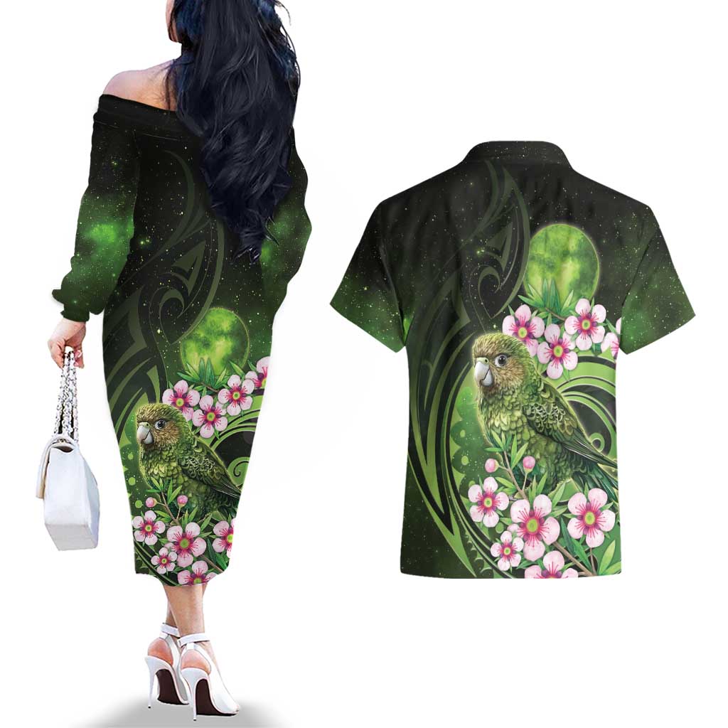 New Zealand Aotearoa Kakapo Couples Matching Off The Shoulder Long Sleeve Dress and Hawaiian Shirt Maori Pattern With Manuka Galaxy Style LT05 - Polynesian Pride