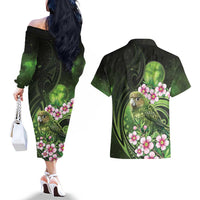New Zealand Aotearoa Kakapo Couples Matching Off The Shoulder Long Sleeve Dress and Hawaiian Shirt Maori Pattern With Manuka Galaxy Style LT05 - Polynesian Pride