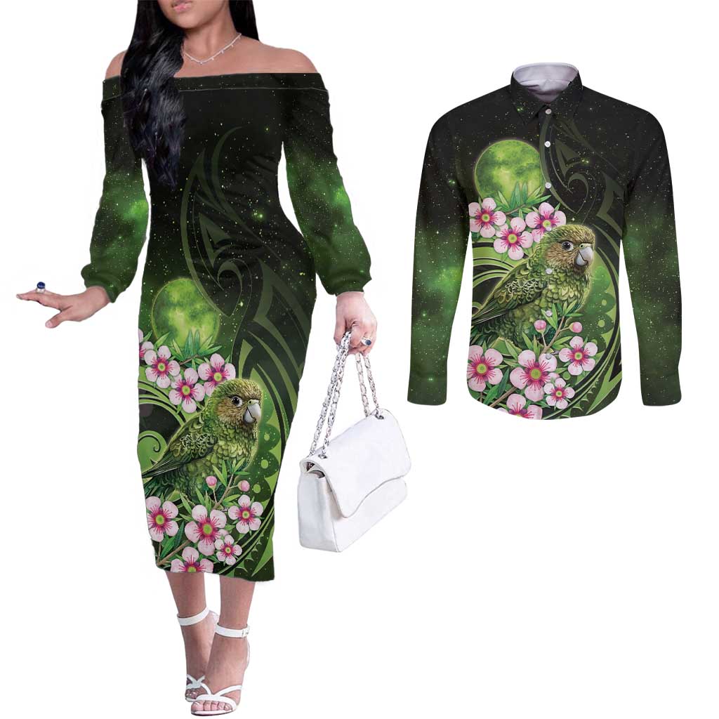 New Zealand Aotearoa Kakapo Couples Matching Off The Shoulder Long Sleeve Dress and Long Sleeve Button Shirt Maori Pattern With Manuka Galaxy Style - Polynesian Pride