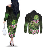New Zealand Aotearoa Kakapo Couples Matching Off The Shoulder Long Sleeve Dress and Long Sleeve Button Shirt Maori Pattern With Manuka Galaxy Style LT05 - Polynesian Pride