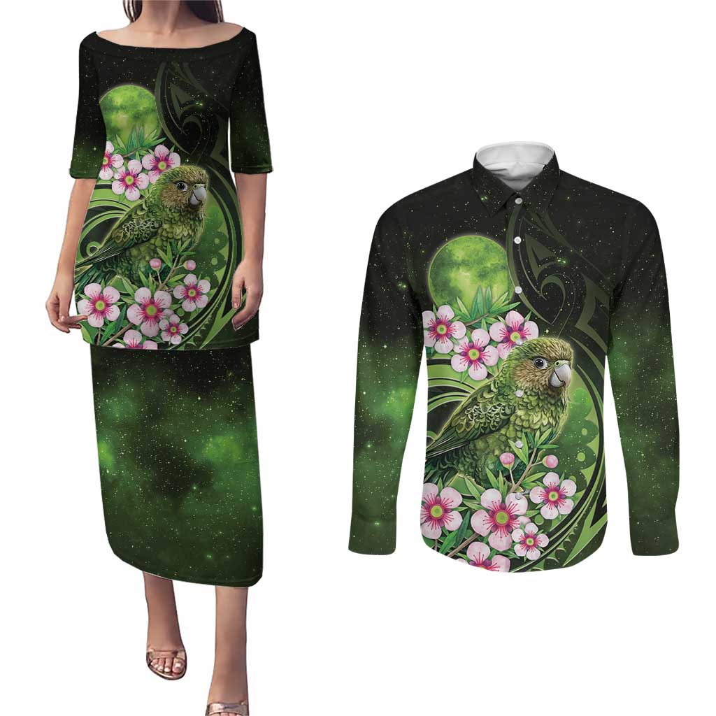 New Zealand Aotearoa Kakapo Couples Matching Puletasi and Long Sleeve Button Shirt Maori Pattern With Manuka Galaxy Style LT05 Green - Polynesian Pride