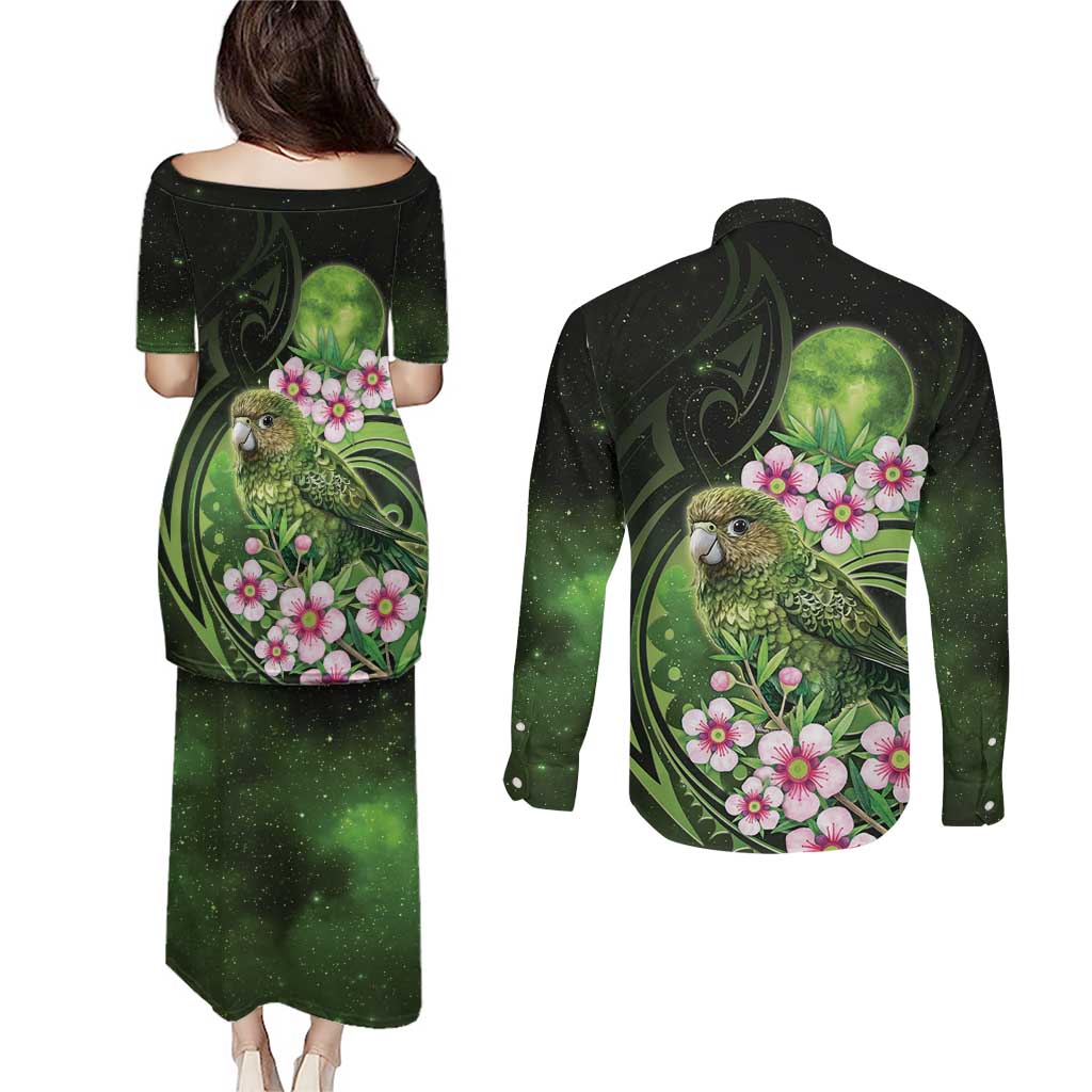 New Zealand Aotearoa Kakapo Couples Matching Puletasi and Long Sleeve Button Shirt Maori Pattern With Manuka Galaxy Style LT05 - Polynesian Pride