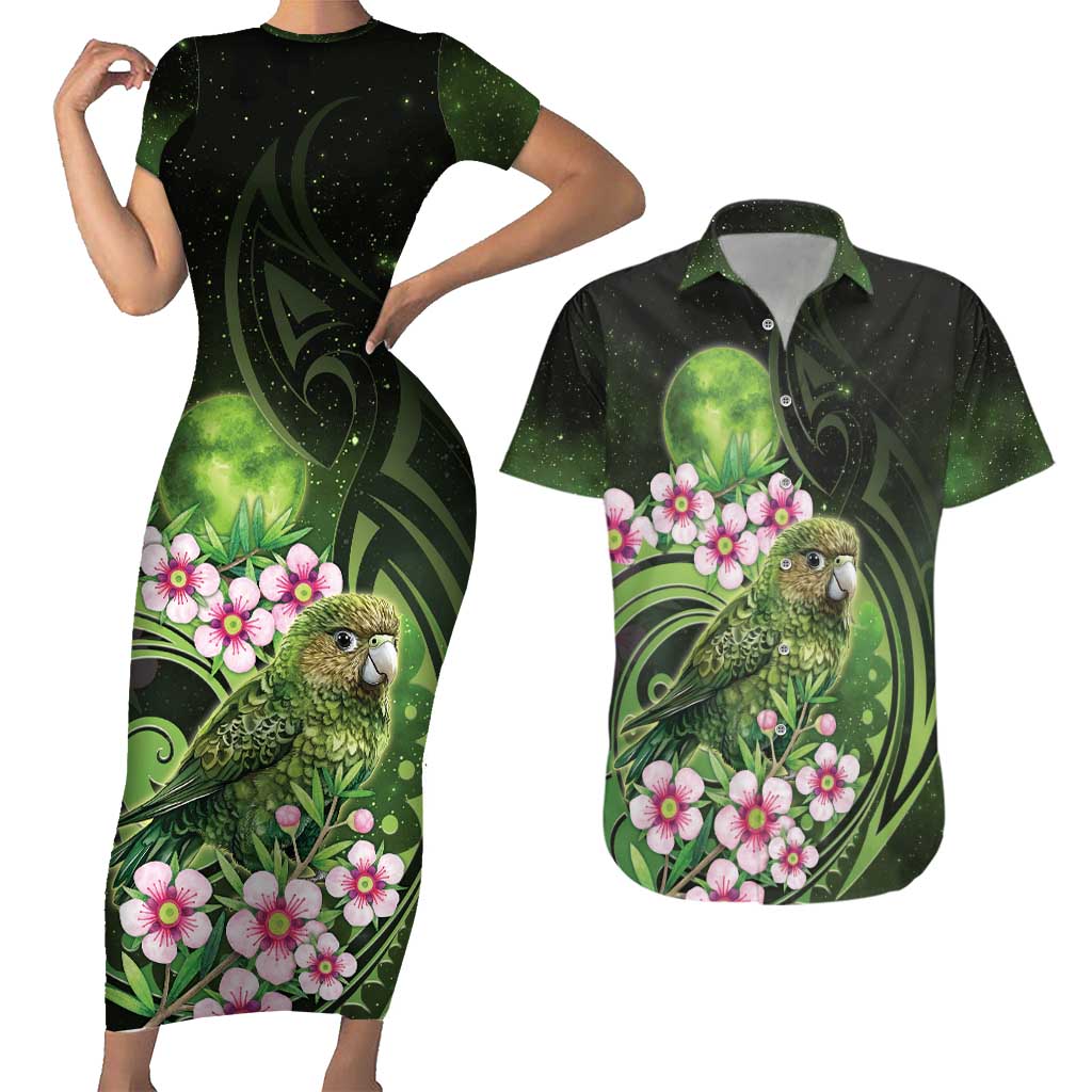 New Zealand Aotearoa Kakapo Couples Matching Short Sleeve Bodycon Dress and Hawaiian Shirt Maori Pattern With Manuka Galaxy Style LT05 Green - Polynesian Pride