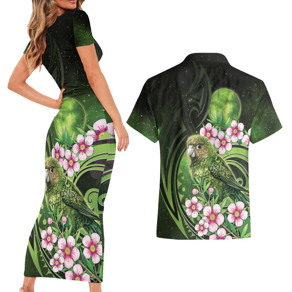 New Zealand Aotearoa Kakapo Couples Matching Short Sleeve Bodycon Dress and Hawaiian Shirt Maori Pattern With Manuka Galaxy Style LT05 - Polynesian Pride