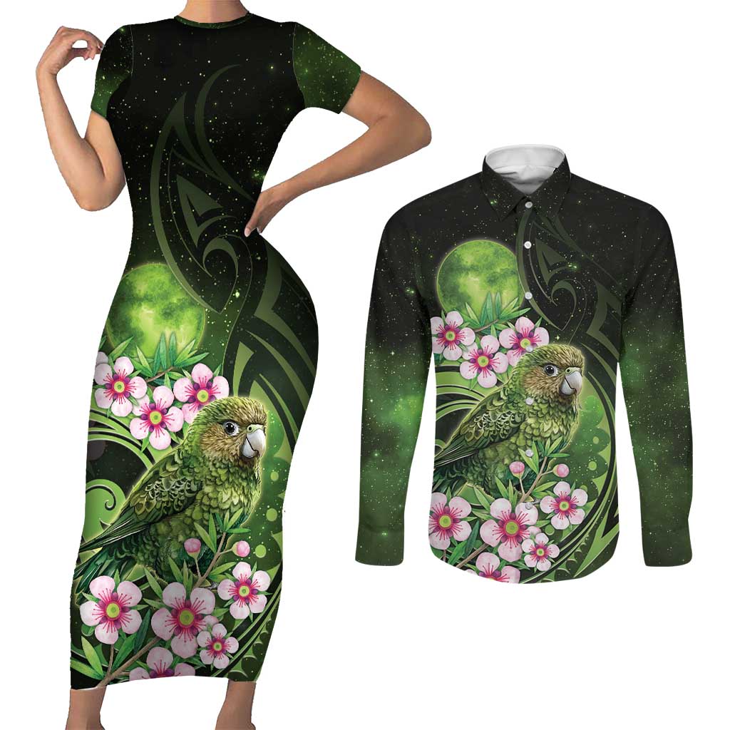 New Zealand Aotearoa Kakapo Couples Matching Short Sleeve Bodycon Dress and Long Sleeve Button Shirt Maori Pattern With Manuka Galaxy Style - Polynesian Pride