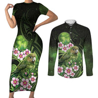 New Zealand Aotearoa Kakapo Couples Matching Short Sleeve Bodycon Dress and Long Sleeve Button Shirt Maori Pattern With Manuka Galaxy Style LT05 Green - Polynesian Pride