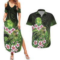 New Zealand Aotearoa Kakapo Couples Matching Summer Maxi Dress and Hawaiian Shirt Maori Pattern With Manuka Galaxy Style LT05 Green - Polynesian Pride
