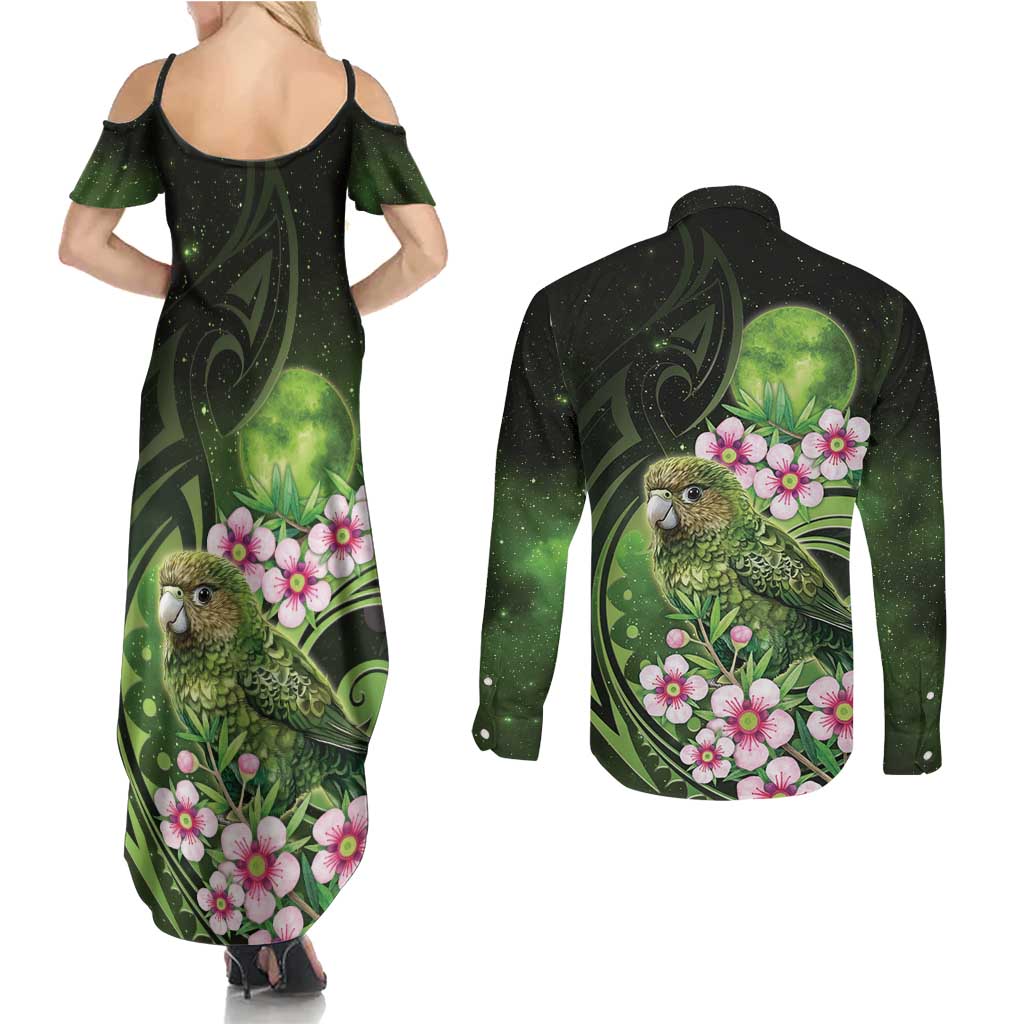 New Zealand Aotearoa Kakapo Couples Matching Summer Maxi Dress and Long Sleeve Button Shirt Maori Pattern With Manuka Galaxy Style LT05 - Polynesian Pride