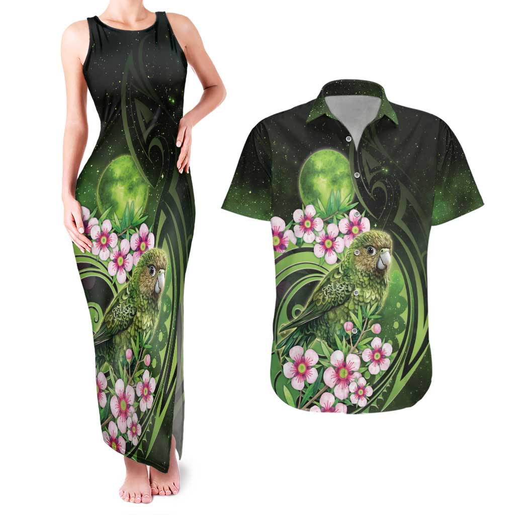New Zealand Aotearoa Kakapo Couples Matching Tank Maxi Dress and Hawaiian Shirt Maori Pattern With Manuka Galaxy Style LT05 Green - Polynesian Pride