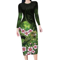 New Zealand Aotearoa Kakapo Family Matching Long Sleeve Bodycon Dress and Hawaiian Shirt Maori Pattern With Manuka Galaxy Style LT05 Green - Polynesian Pride