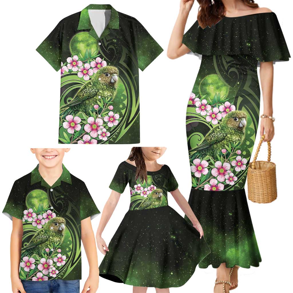 New Zealand Aotearoa Kakapo Family Matching Mermaid Dress and Hawaiian Shirt Maori Pattern With Manuka Galaxy Style LT05 - Polynesian Pride