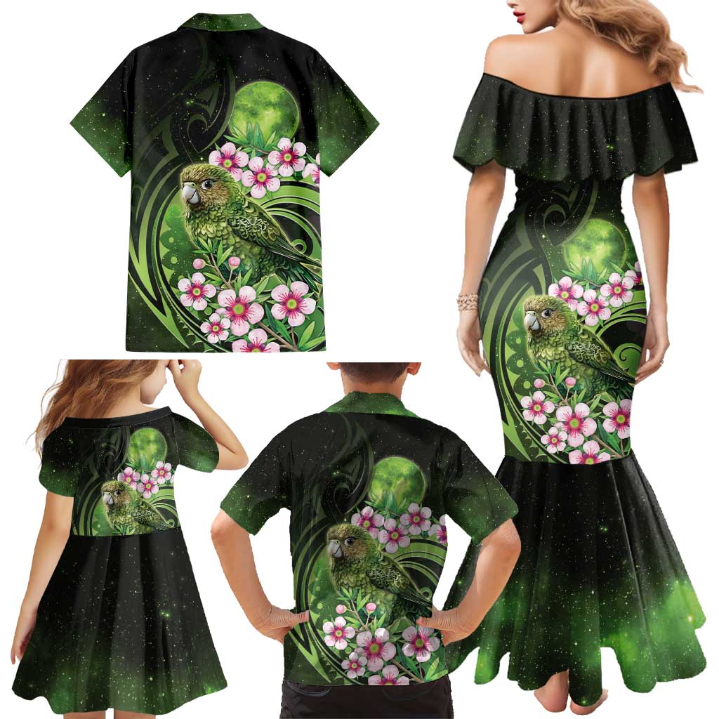 New Zealand Aotearoa Kakapo Family Matching Mermaid Dress and Hawaiian Shirt Maori Pattern With Manuka Galaxy Style LT05 - Polynesian Pride