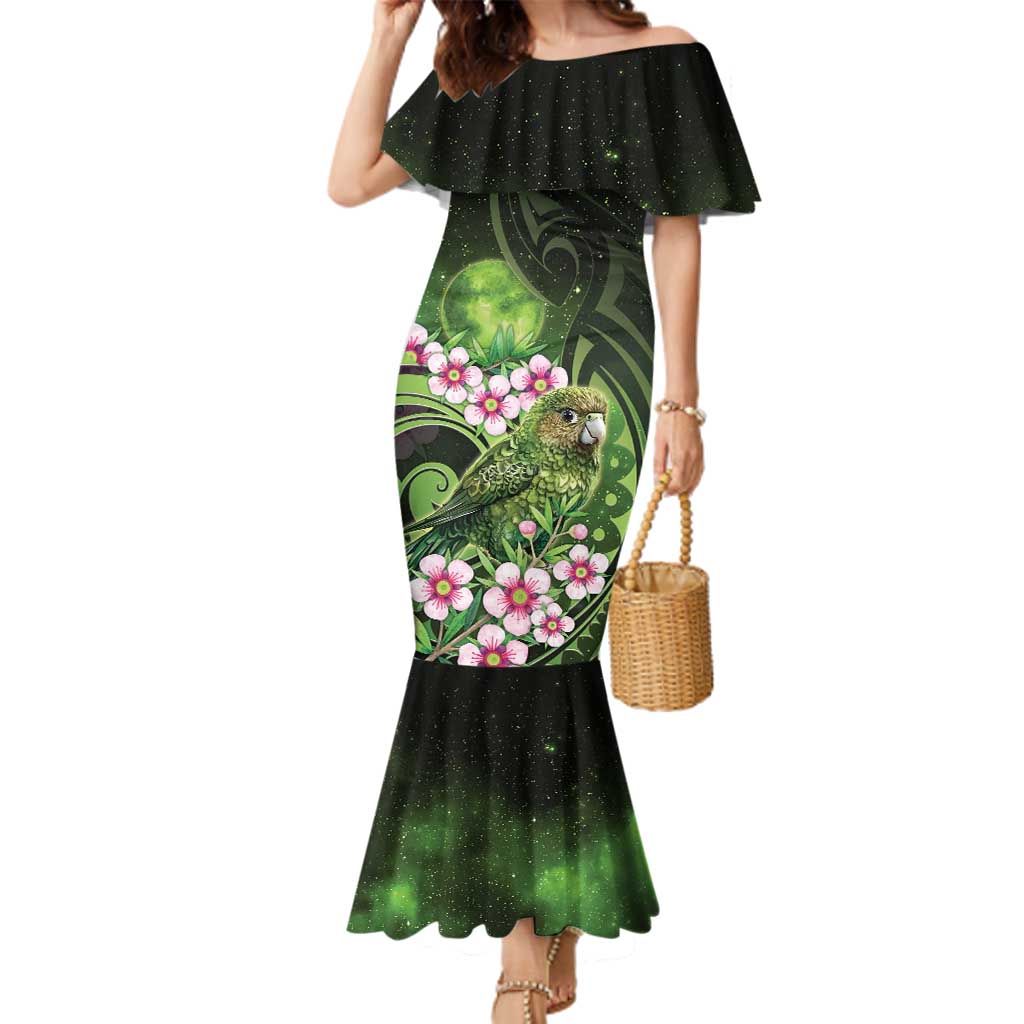 New Zealand Aotearoa Kakapo Family Matching Mermaid Dress and Hawaiian Shirt Maori Pattern With Manuka Galaxy Style LT05 Green - Polynesian Pride