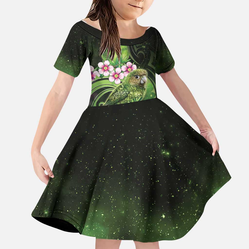 New Zealand Aotearoa Kakapo Family Matching Off The Shoulder Long Sleeve Dress and Hawaiian Shirt Maori Pattern With Manuka Galaxy Style LT05 Daughter's Dress Green - Polynesian Pride