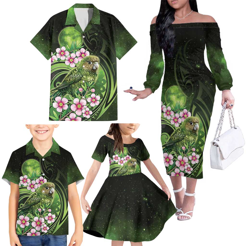 New Zealand Aotearoa Kakapo Family Matching Off The Shoulder Long Sleeve Dress and Hawaiian Shirt Maori Pattern With Manuka Galaxy Style - Polynesian Pride