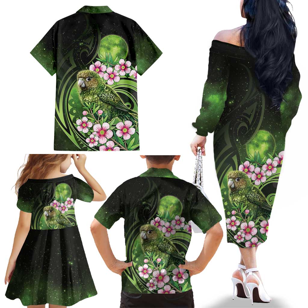 New Zealand Aotearoa Kakapo Family Matching Off The Shoulder Long Sleeve Dress and Hawaiian Shirt Maori Pattern With Manuka Galaxy Style LT05 - Polynesian Pride
