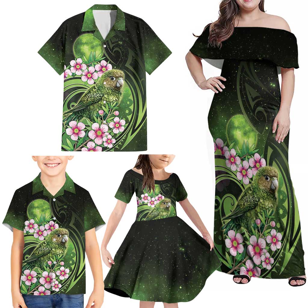 New Zealand Aotearoa Kakapo Family Matching Off Shoulder Maxi Dress and Hawaiian Shirt Maori Pattern With Manuka Galaxy Style LT05 - Polynesian Pride