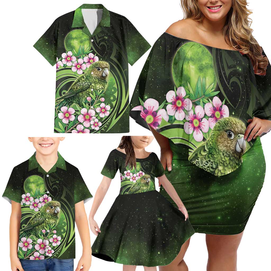 New Zealand Aotearoa Kakapo Family Matching Off Shoulder Short Dress and Hawaiian Shirt Maori Pattern With Manuka Galaxy Style - Polynesian Pride