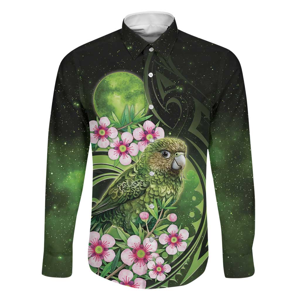 New Zealand Aotearoa Kakapo Family Matching Short Sleeve Bodycon Dress and Hawaiian Shirt Maori Pattern With Manuka Galaxy Style LT05 Dad's Shirt - Long Sleeve Green - Polynesian Pride