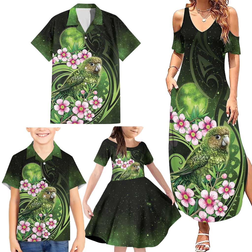 New Zealand Aotearoa Kakapo Family Matching Summer Maxi Dress and Hawaiian Shirt Maori Pattern With Manuka Galaxy Style - Polynesian Pride