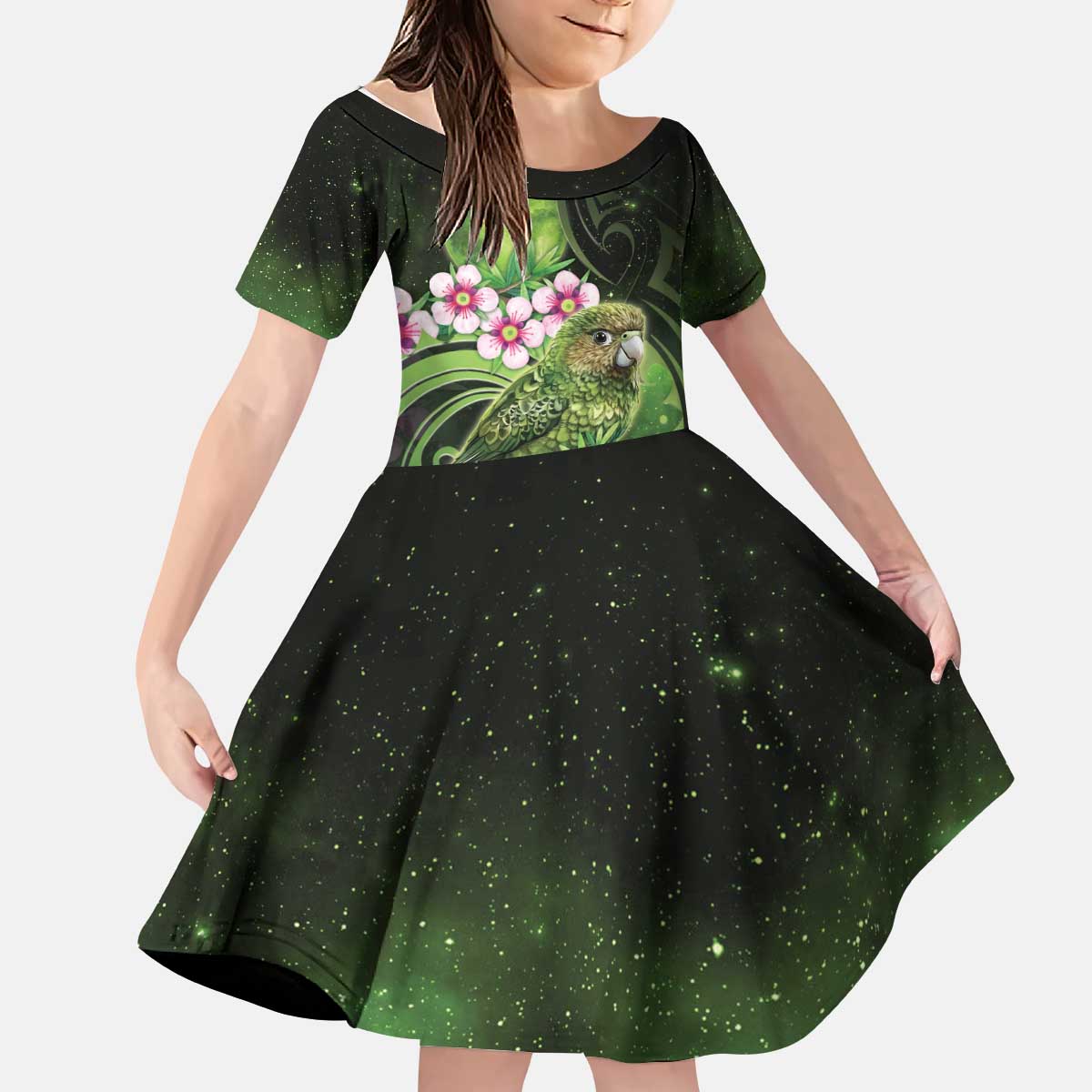 New Zealand Aotearoa Kakapo Kid Short Sleeve Dress Maori Pattern With Manuka Galaxy Style - Polynesian Pride