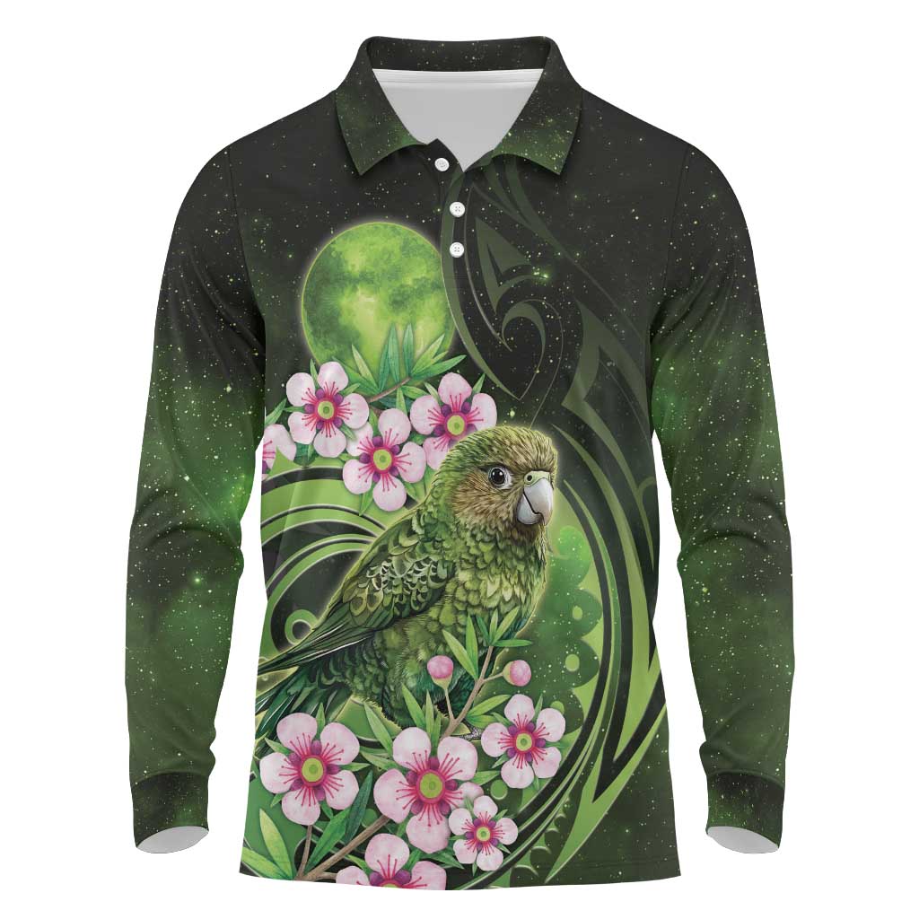 New Zealand Aotearoa Kakapo Long Sleeve Polo Shirt Maori Pattern With Manuka Galaxy Style - Polynesian Pride