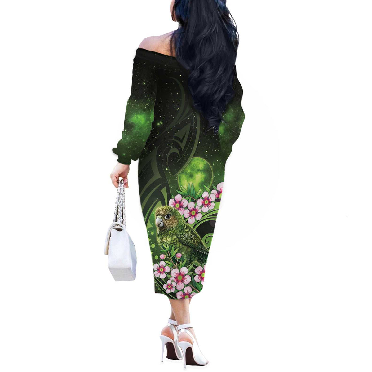 New Zealand Aotearoa Kakapo Off The Shoulder Long Sleeve Dress Maori Pattern With Manuka Galaxy Style LT05 - Polynesian Pride