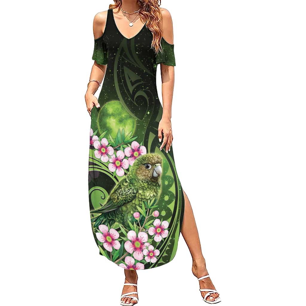 New Zealand Aotearoa Kakapo Summer Maxi Dress Maori Pattern With Manuka Galaxy Style - Polynesian Pride