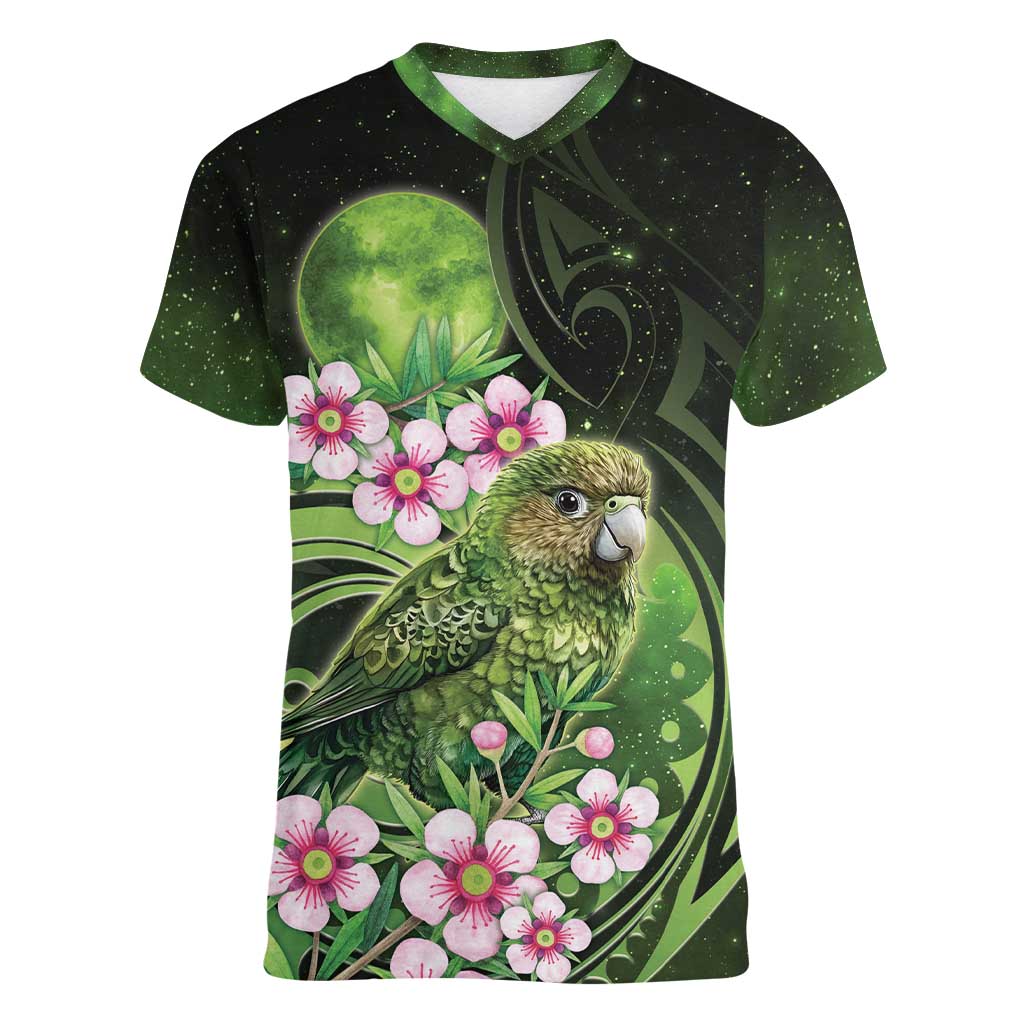 New Zealand Aotearoa Kakapo Women V-Neck T-Shirt Maori Pattern With Manuka Galaxy Style LT05 Female Green - Polynesian Pride