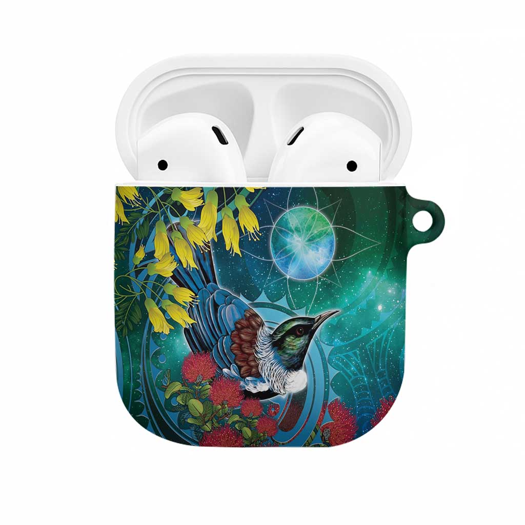 New Zealand Tui Bird AirPods Case Maori Koru With Pohutukawa Galaxy Style LT05 Blue - Polynesian Pride