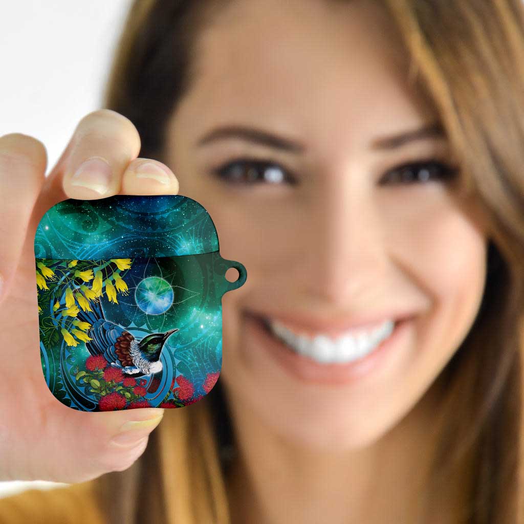 New Zealand Tui Bird AirPods Case Maori Koru With Pohutukawa Galaxy Style LT05 - Polynesian Pride