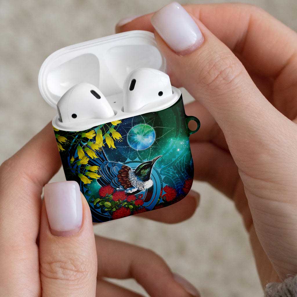 New Zealand Tui Bird AirPods Case Maori Koru With Pohutukawa Galaxy Style LT05 - Polynesian Pride