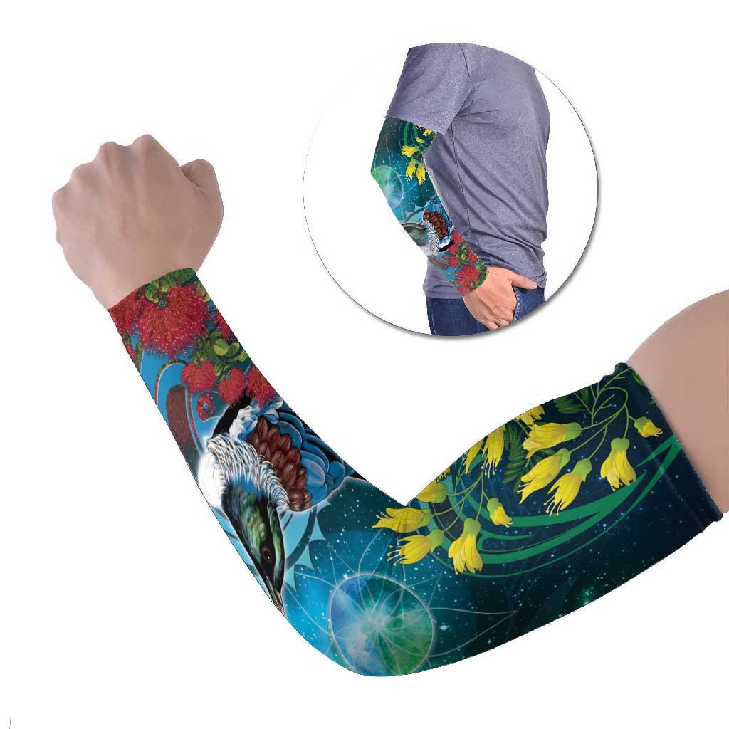 New Zealand Tui Bird Arm Sleeves Maori Koru With Pohutukawa Galaxy Style LT05 Set of 2 Blue - Polynesian Pride