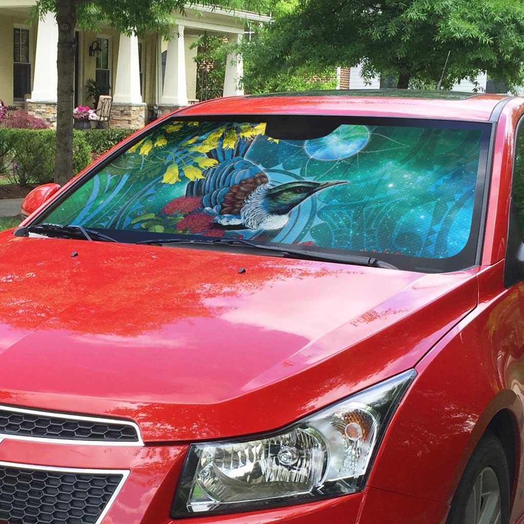 New Zealand Tui Bird Auto Sun Shade Maori Koru With Pohutukawa Galaxy Style - Polynesian Pride