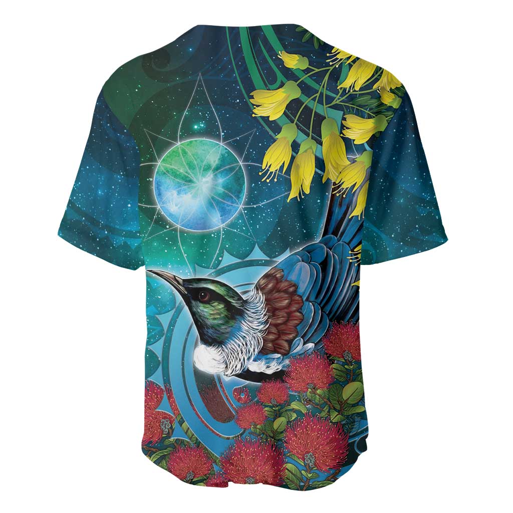 New Zealand Tui Bird Baseball Jersey Maori Koru With Pohutukawa Galaxy Style - Polynesian Pride
