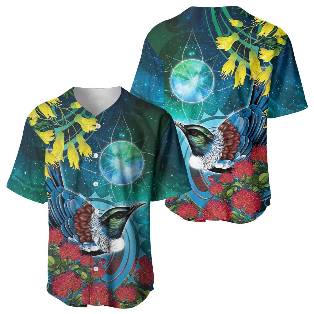 New Zealand Tui Bird Baseball Jersey Maori Koru With Pohutukawa Galaxy Style - Polynesian Pride