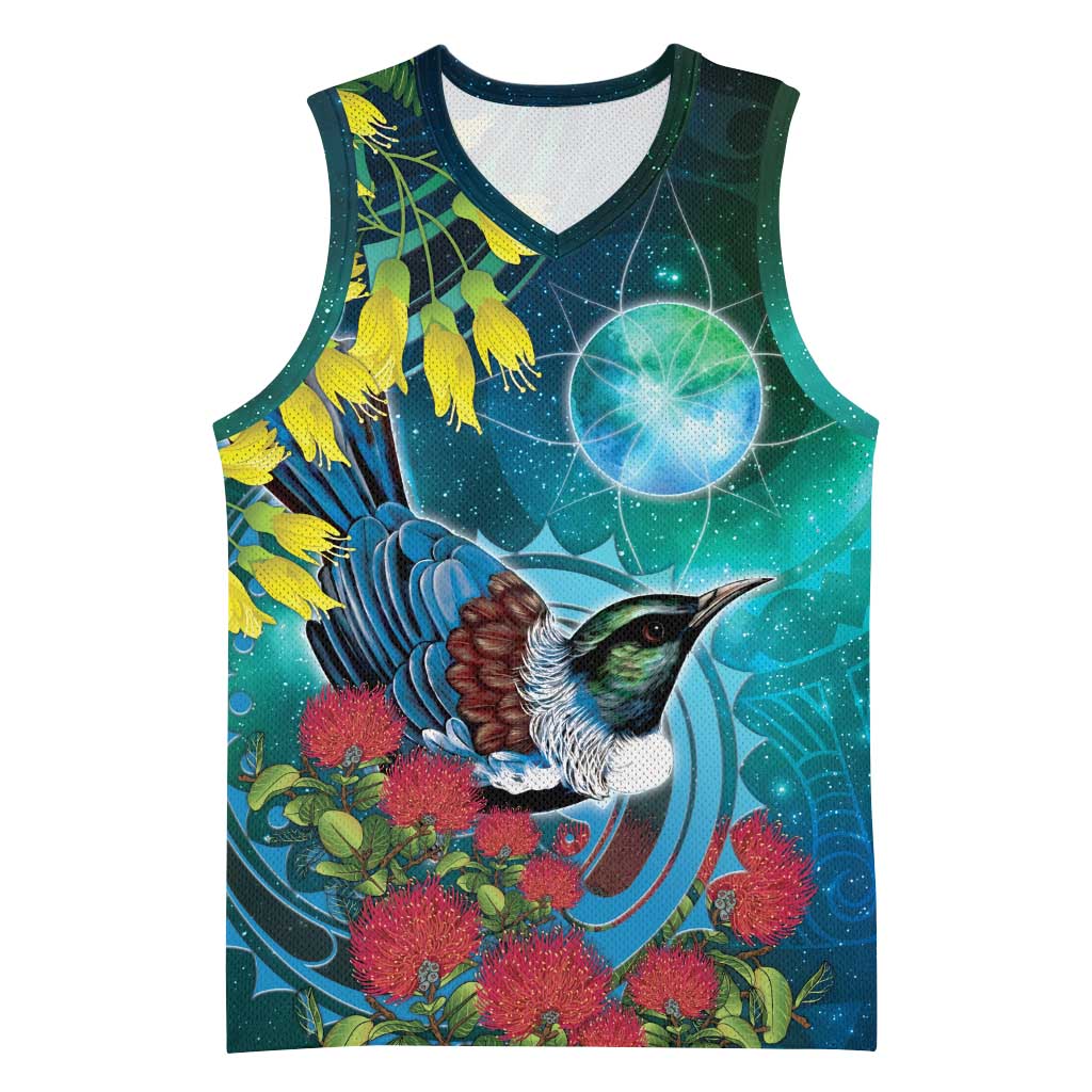 New Zealand Tui Bird Basketball Jersey Maori Koru With Pohutukawa Galaxy Style LT05 Unisex Blue - Polynesian Pride