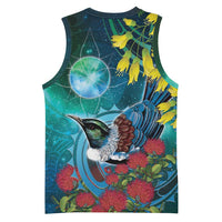New Zealand Tui Bird Basketball Jersey Maori Koru With Pohutukawa Galaxy Style LT05 - Polynesian Pride