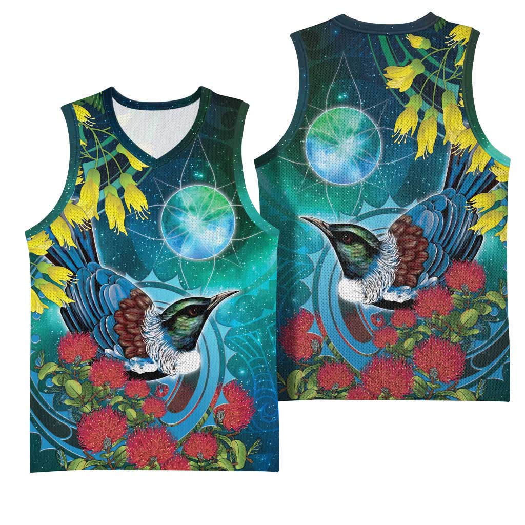 New Zealand Tui Bird Basketball Jersey Maori Koru With Pohutukawa Galaxy Style LT05 - Polynesian Pride