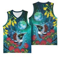 New Zealand Tui Bird Basketball Jersey Maori Koru With Pohutukawa Galaxy Style LT05 - Polynesian Pride