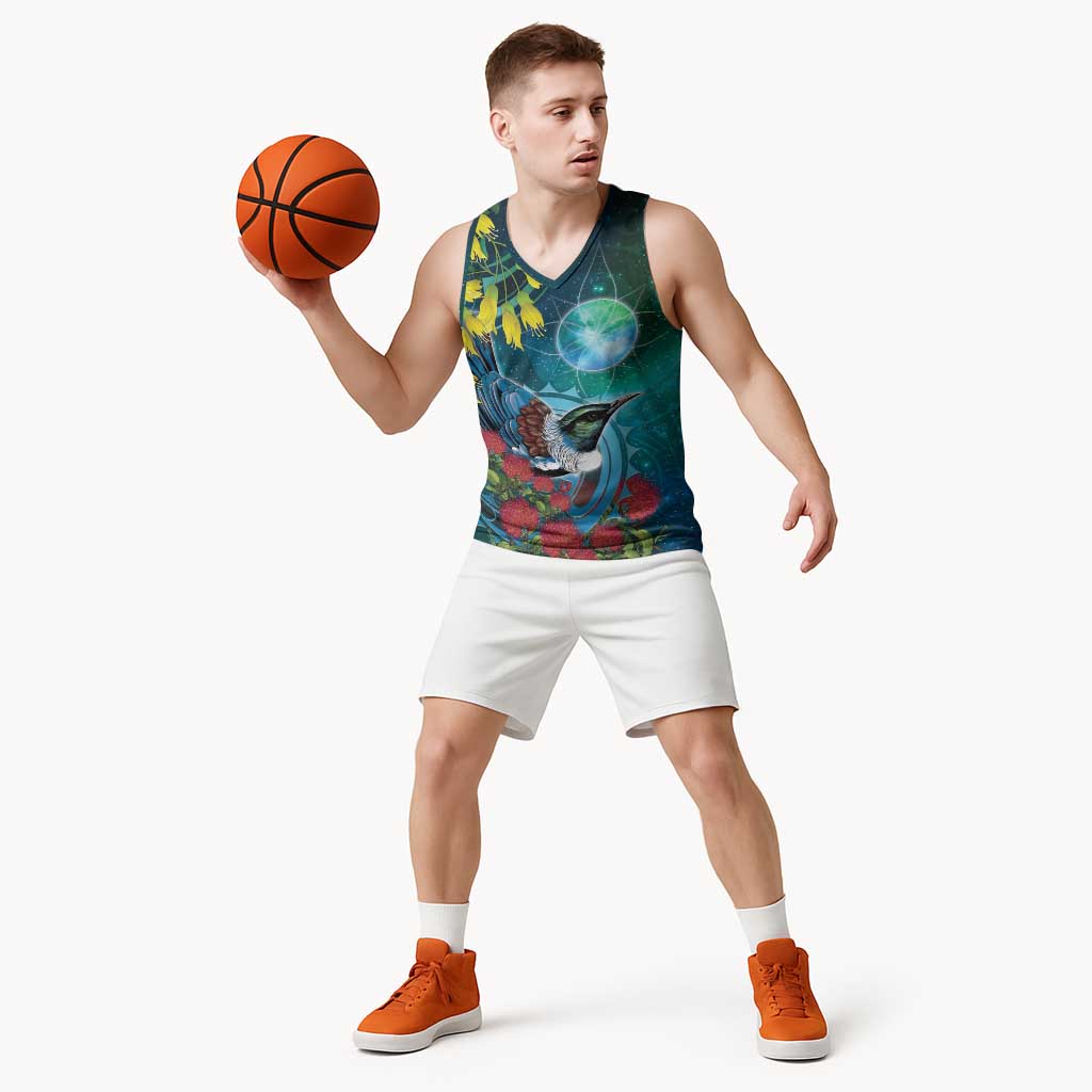 New Zealand Tui Bird Basketball Jersey Maori Koru With Pohutukawa Galaxy Style LT05 - Polynesian Pride
