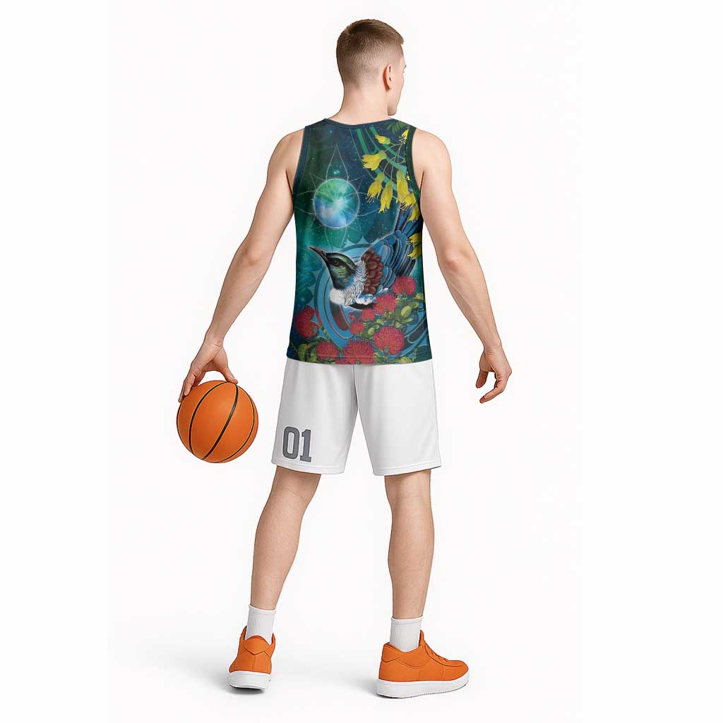 New Zealand Tui Bird Basketball Jersey Maori Koru With Pohutukawa Galaxy Style LT05 - Polynesian Pride