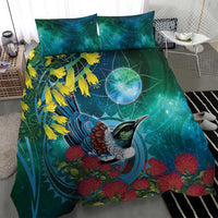 New Zealand Tui Bird Bedding Set Maori Koru With Pohutukawa Galaxy Style - Polynesian Pride