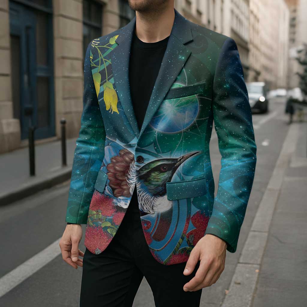 New Zealand Tui Bird Blazer Maori Koru With Pohutukawa Galaxy Style - Polynesian Pride