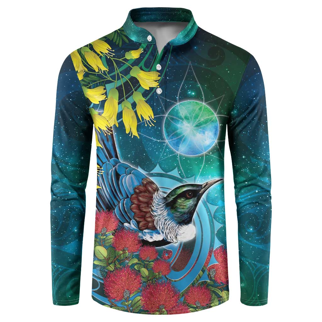 New Zealand Tui Bird Button Sweatshirt Maori Koru With Pohutukawa Galaxy Style LT05 Blue - Polynesian Pride