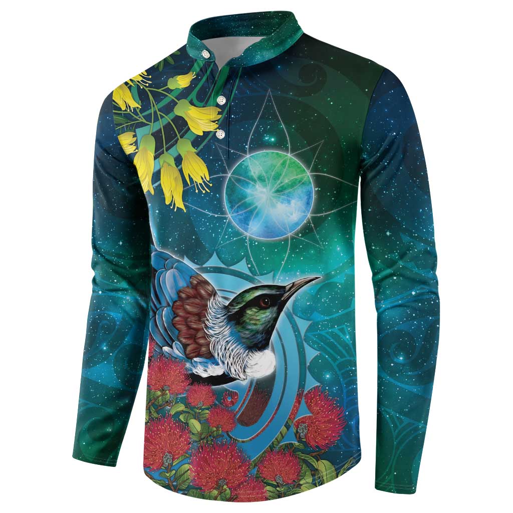 New Zealand Tui Bird Button Sweatshirt Maori Koru With Pohutukawa Galaxy Style LT05 - Polynesian Pride