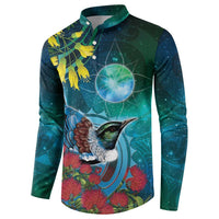 New Zealand Tui Bird Button Sweatshirt Maori Koru With Pohutukawa Galaxy Style LT05 - Polynesian Pride