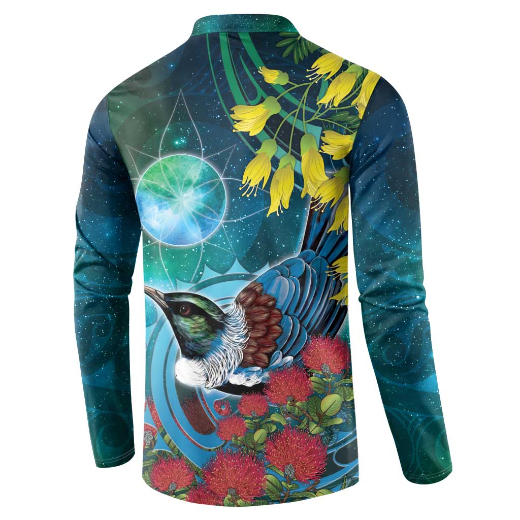 New Zealand Tui Bird Button Sweatshirt Maori Koru With Pohutukawa Galaxy Style LT05 - Polynesian Pride